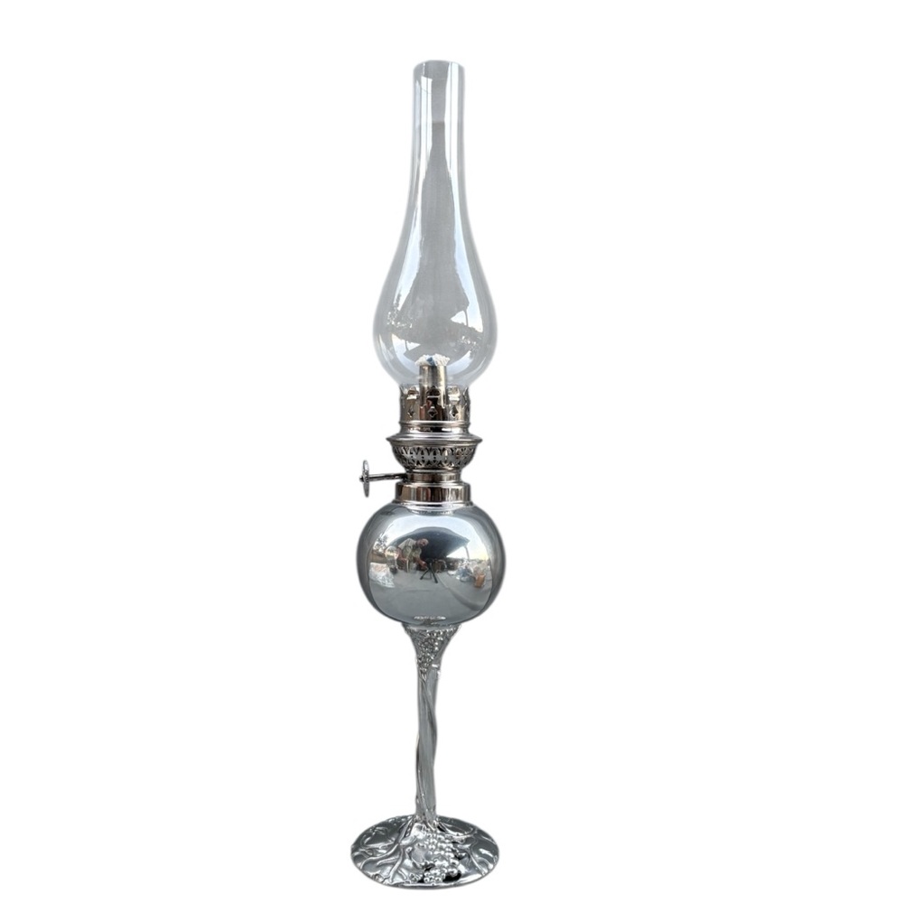 Vintage Original Atelier Bernard Chaudron Pewter Oil Lamp & Glass Chimney